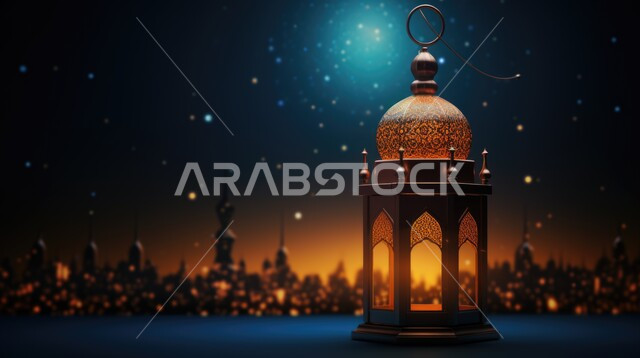 خلفيات شهر رمضان المبارك، فانوس عربي تقليدي معدني، تحفة رمضانية ثلاثية الأبعاد، الإحتفال بقدوم الشهر الفضيل، ديكورات وأنوار اسلامية، فوانيس رمضانية مميزة