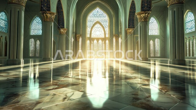 الفن الهندسي المعماري لمسجد عربي عريق، مفهوم العبادة والتقرب إلى الله تعالى ,النقوش والزخارف للاعمدة والاقواس على الطراز الاسلامي، التصاميم والديكورات الداخلية الأنيقة للمساجد