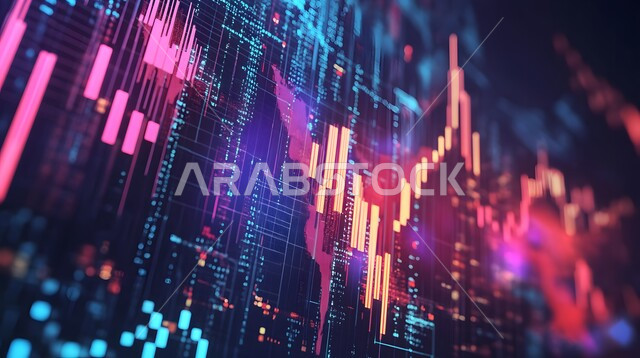 رسم بياني هولوجرامي توضيحي للمؤشرات الاقتصادية حول العالم، تحليل البيانات المالية والمصرفية، مراقبة الرسوم والمخططات البيانية، سوق البورصة العالمي، تداول العملة الرقمية، مفهوم التجارة والاقتصاد، ارتفاع وانخفاض الأسهم
