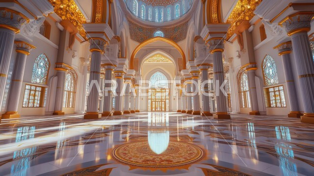 الفن الهندسي المعماري لمسجد عربي عريق، مفهوم العبادة والتقرب إلى الله تعالى, النقوش والزخارف للاعمدة والاقواس على الطراز الاسلامي، التصاميم والديكورات الداخلية الأنيقة للمساجد
