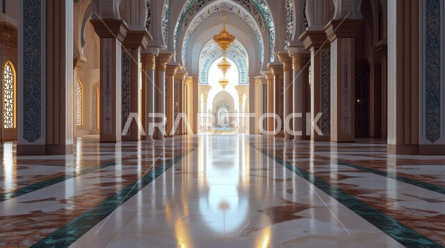 الفن الهندسي المعماري لمسجد عربي عريق، مفهوم العبادة والتقرب إلى الله تعالى, النقوش والزخارف للاعمدة والاقواس على الطراز الاسلامي، التصاميم والديكورات الداخلية الأنيقة للمساجد