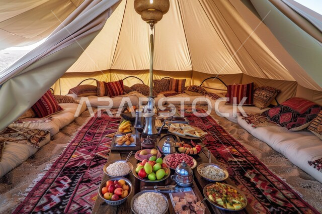 مائدة طعام كبيرة مليئة بأصناف المأكولات الشهية، التخييم في المناطق الطبيعية في المملكة العربية السعودية، جلسة و كشتة بر شبابية، مجالس عربية تقليدية، مخيمات سياحية في المناطق البرية، خيمة بدوية شعبية وسط الرمال الذهبية