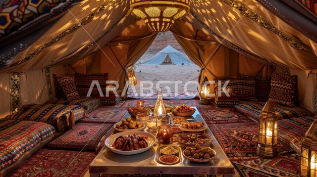 A youth camp and desert session, a large dining table filled with delicious food, camping in natural areas in the Kingdom of Saudi Arabia, traditional Arab councils, tourist camps in the wilderness, a popular Bedouin tent in the middle of the golden sands