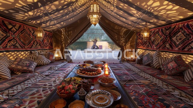 مجالس عربية تقليدية، كشتة و جلسة بر شبابية، طاولة طعام كبيرة مليئة بأصناف المأكولات الشهية، التخييم في المناطق الطبيعية في المملكة العربية السعودية، مخيمات سياحية في المناطق البرية، خيمة بدوية شعبية وسط الرمال الذهبية