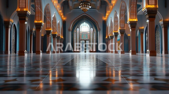The concept of worship and drawing closer to God Almighty, the architectural art of an ancient Arab mosque, inscriptions and decorations for columns and arches in the Islamic style, elegant interior designs and decorations for mosques.