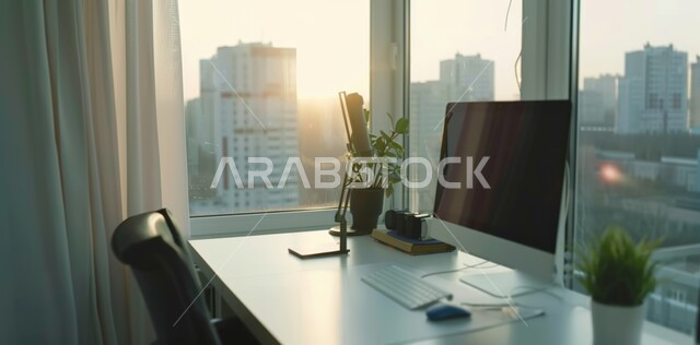 الهندسة المعمارية للمباني الشاهقة في مدينة الرياض، ديكورات وتصاميم داخلية راقية للغرف المكتبية، مكتب بواجهه زجاجية مطلة على الأبراج وناطحات السحاب المشهورة، غرفة عمل مجهزة بالأدوات والأجهزة التقنية الحديثة، ديكور عصري حديث لمكاتب الشركات السعودية