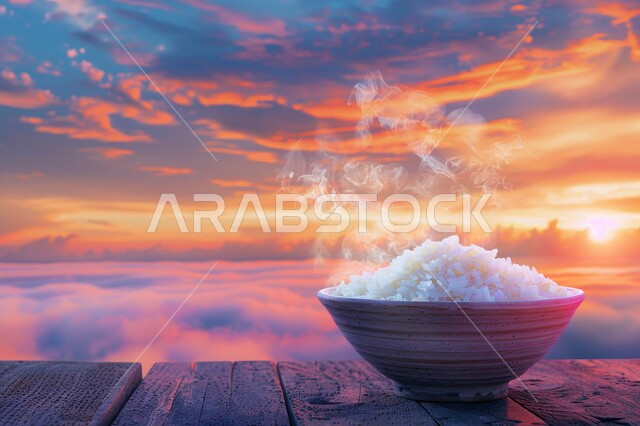 الأطعمة والأطباق التقليدية العربية، طبق من أرز البرياني المطبوخ، وصفات أطعمة صحية لذيذة، صحن من أرز الكبسة الابيض المسلوق، فنون الضيافة في المطاعم الشرقية, خلفية الطبيعة