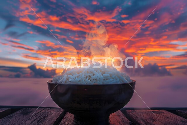الأطعمة والأطباق التقليدية العربية، طبق من أرز البرياني المطبوخ، وصفات أطعمة صحية لذيذة، صحن من أرز الكبسة الابيض المسلوق، فنون الضيافة في المطاعم الشرقية, خلفية الطبيعة