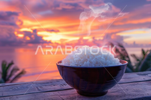الأطعمة والأطباق التقليدية العربية، طبق من أرز البرياني المطبوخ، وصفات أطعمة صحية لذيذة، صحن من أرز الكبسة الابيض المسلوق، فنون الضيافة في المطاعم الشرقية, خلفية السماء والغيوم