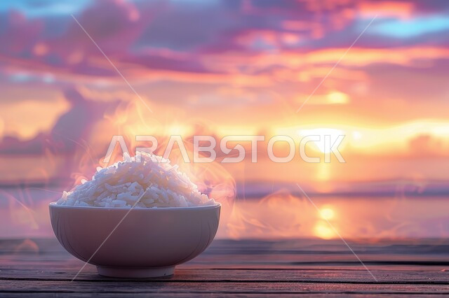 الأطعمة والأطباق التقليدية العربية، طبق من أرز البرياني المطبوخ، وصفات أطعمة صحية لذيذة، صحن من أرز الكبسة الابيض المسلوق، فنون الضيافة في المطاعم الشرقية, خلفية السماء والغيوم