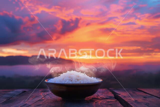 طبق من أرز البرياني المطبوخ، فنون الضيافة في المطاعم الشرقية, وصفات أطعمة صحية لذيذة، الأطعمة والأطباق التقليدية العربية،  صحن من أرز الكبسة الابيض المسلوق، خلفية الطبيعة