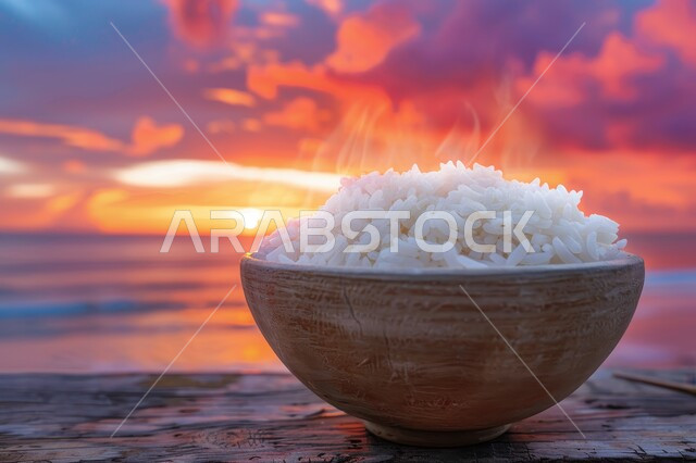 طبق من أرز البرياني المطبوخ، فنون الضيافة في المطاعم الشرقية, وصفات أطعمة صحية لذيذة، الأطعمة والأطباق التقليدية العربية،  صحن من أرز الكبسة الابيض المسلوق، خلفية الطبيعة