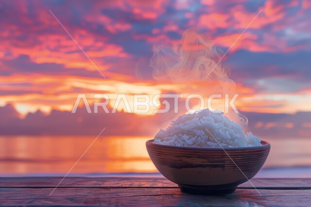 طبق من أرز البرياني المطبوخ، فنون الضيافة في المطاعم الشرقية, وصفات أطعمة صحية لذيذة، الأطعمة والأطباق التقليدية العربية،  صحن من أرز الكبسة الابيض المسلوق، خلفية الطبيعة