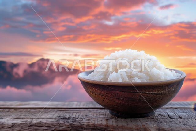 طبق من أرز البرياني المطبوخ، فنون الضيافة في المطاعم الشرقية, وصفات أطعمة صحية لذيذة، الأطعمة والأطباق التقليدية العربية،  صحن من أرز الكبسة الابيض المسلوق، خلفية الطبيعة