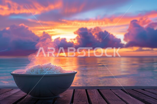 طبق من أرز البرياني المطبوخ، فنون الضيافة في المطاعم الشرقية, وصفات أطعمة صحية لذيذة، الأطعمة والأطباق التقليدية العربية،  صحن من أرز الكبسة الابيض المسلوق، خلفية الطبيعة