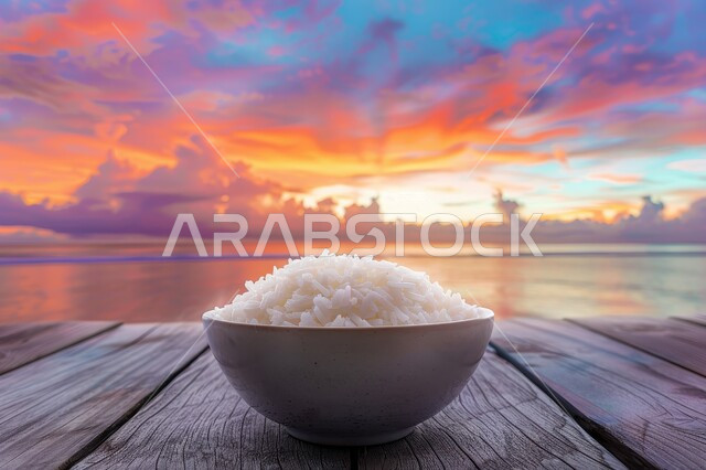 صحن من أرز الكبسة الابيض المسلوق، طبق من أرز البرياني المطبوخ، فنون الضيافة في المطاعم الشرقية, وصفات أطعمة صحية لذيذة، الأطعمة والأطباق التقليدية العربية،   خلفية الطبيعة