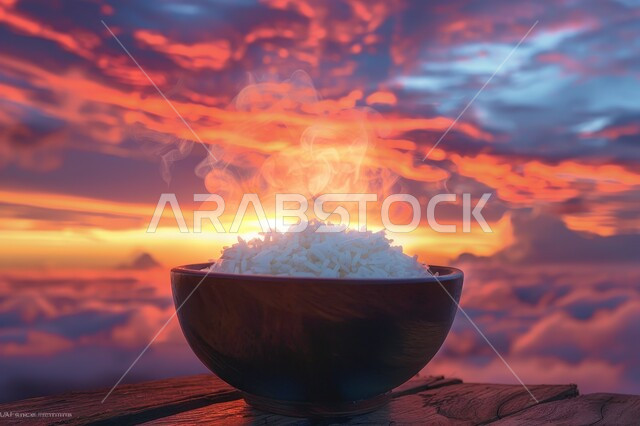 صحن من أرز الكبسة الابيض المسلوق، طبق من أرز البرياني المطبوخ، فنون الضيافة في المطاعم الشرقية, وصفات أطعمة صحية لذيذة، الأطعمة والأطباق التقليدية العربية،   خلفية الطبيعة