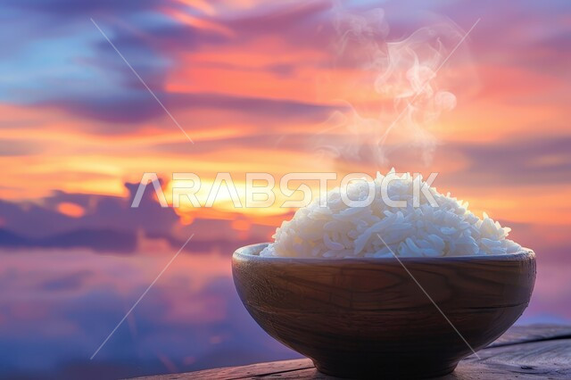 صحن من أرز الكبسة الابيض المسلوق، طبق من أرز البرياني المطبوخ، فنون الضيافة في المطاعم الشرقية, وصفات أطعمة صحية لذيذة، الأطعمة والأطباق التقليدية العربية،   خلفية الطبيعة