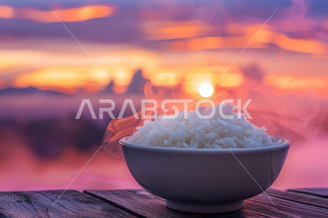 A plate of boiled white kabsa rice, a plate of cooked biryani rice, the arts of hospitality in oriental restaurants, delicious healthy food recipes, traditional Arab foods and dishes, nature background