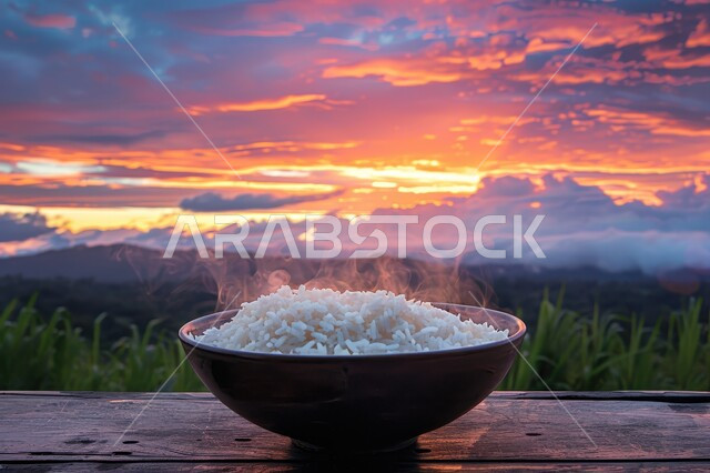 الأطعمة والأطباق التقليدية العربية، صحن من أرز الكبسة الابيض المسلوق، طبق من أرز البرياني المطبوخ، فنون الضيافة في المطاعم الشرقية, وصفات أطعمة صحية لذيذة، خلفية الطبيعة