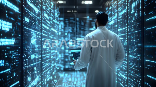 Working on a private laptop inside the server room, reviewing data and binary codes, a close-up shot from the back of a Saudi Gulf Arab man wearing a thobe.