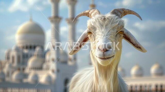 3D cartoon drawings of cute white goats, Eid al-Adha offering and sacrifice, Islamic religious holidays and events, raising animals and livestock in natural reserves.