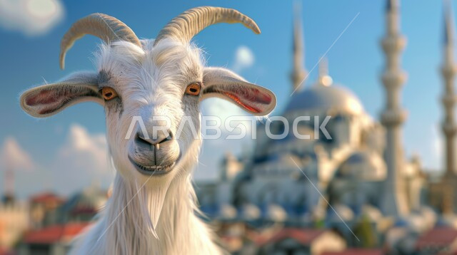 رسوم كرتونيه ثلاثية الابعاد لماعز ابيض لطيف، قربان وأضحية عيد الأضحى، الأعياد والمناسبات الدينية الاسلامية، تربية الحيوانات والمواشي في المحميات الطبيعية