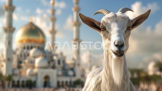 3D cartoon drawings of cute white goats, Eid al-Adha offering and sacrifice, Islamic religious holidays and events, raising animals and livestock in natural reserves.