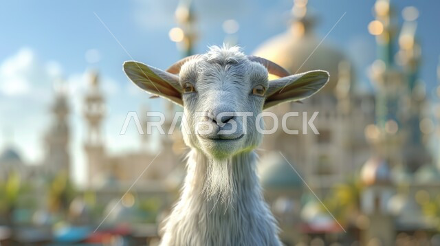 3D cartoon drawings of cute white goats, Eid al-Adha offering and sacrifice, Islamic religious holidays and events, raising animals and livestock in natural reserves.