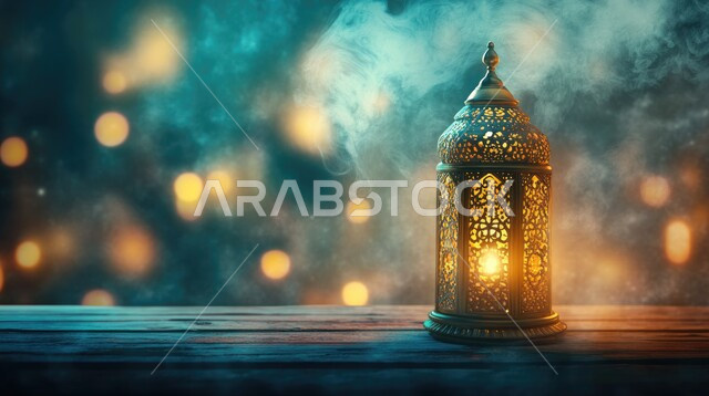 تحف وتصاميم وديكورات هندسية اسلامية، الاحتفال بالمناسبات والأعياد الدينية الاسلامية، البهجة بقدوم شهر رمضان، اجواء دينية روحانية رمضانية, أنوار وإضاءة وزينة شهر الخير، فن تصميم المصبابيح المعدنية العربية التقليدية، صورة مقربة لفانوس معدني تقليدي مضيء