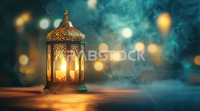 تحف وتصاميم وديكورات هندسية اسلامية، الاحتفال بالمناسبات والأعياد الدينية الاسلامية، البهجة بقدوم شهر رمضان، اجواء دينية روحانية رمضانية, أنوار وإضاءة وزينة شهر الخير، فن تصميم المصبابيح المعدنية العربية التقليدية، صورة مقربة لفانوس معدني تقليدي مضيء
