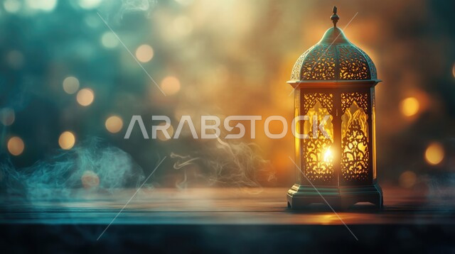 تحف وتصاميم وديكورات هندسية اسلامية، الاحتفال بالمناسبات والأعياد الدينية الاسلامية، البهجة بقدوم شهر رمضان، اجواء دينية روحانية رمضانية, أنوار وإضاءة وزينة شهر الخير، فن تصميم المصبابيح المعدنية العربية التقليدية، صورة مقربة لفانوس معدني تقليدي مضيء