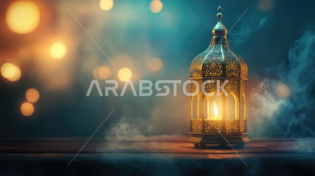 تحف وتصاميم وديكورات هندسية اسلامية، الاحتفال بالمناسبات والأعياد الدينية الاسلامية، البهجة بقدوم شهر رمضان، اجواء دينية روحانية رمضانية, أنوار وإضاءة وزينة شهر الخير، فن تصميم المصبابيح المعدنية العربية التقليدية، صورة مقربة لفانوس معدني تقليدي مضيء