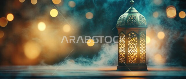 الاحتفال بالمناسبات والأعياد الدينية الاسلامية، البهجة بقدوم شهر رمضان، اجواء دينية روحانية رمضانية, تحف وتصاميم وديكورات هندسية اسلامية، أنوار وإضاءة وزينة شهر الخير، فن تصميم المصبابيح المعدنية العربية التقليدية، صورة بانورامية لفانوس معدني تقليدي مضيء