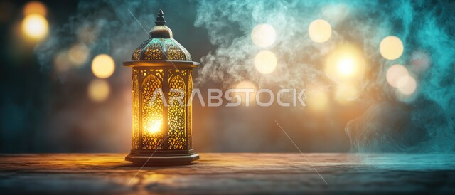 الاحتفال بالمناسبات والأعياد الدينية الاسلامية، البهجة بقدوم شهر رمضان، اجواء دينية روحانية رمضانية, تحف وتصاميم وديكورات هندسية اسلامية، أنوار وإضاءة وزينة شهر الخير، فن تصميم المصبابيح المعدنية العربية التقليدية، صورة بانورامية لفانوس معدني تقليدي مضيء