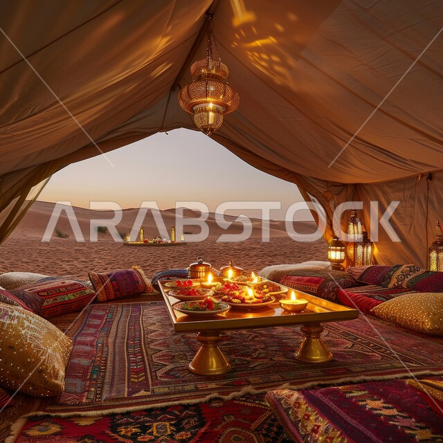 Romantic desert dinner by candlelight, camping in natural areas in Saudi Arabia, a popular Bedouin tent in the middle of the golden sands, tourist camps in the wild areas, traditional Arab councils, a camp and a youth desert session