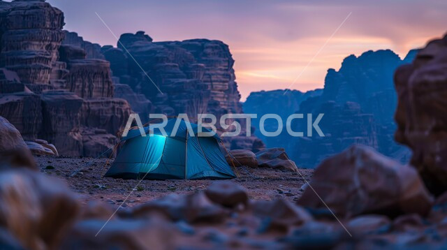 خيمة بدوية شعبية وسط الصحراء، قضاء أوقات ممتعة بالتخييم في صحاري المملكة العربية السعودية, كشتة و جلسة بر شبابية، التضاريس الصخرية والرمال الذهبية الناعمة في وضح النهار، مخيمات سياحية في المناطق البرية