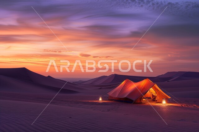 أجواء التخييم الشبابية الممتعة، المغامرات والكشتات البرية، جلسة هادئة أمام الفوانيس المعدنية المضيئة، خيام شعبية في المناطق الصحراوية، مخيمات سياحية في صحاري المملكة العربية السعودية، الطبيعة والرمال الذهبية الناعمة