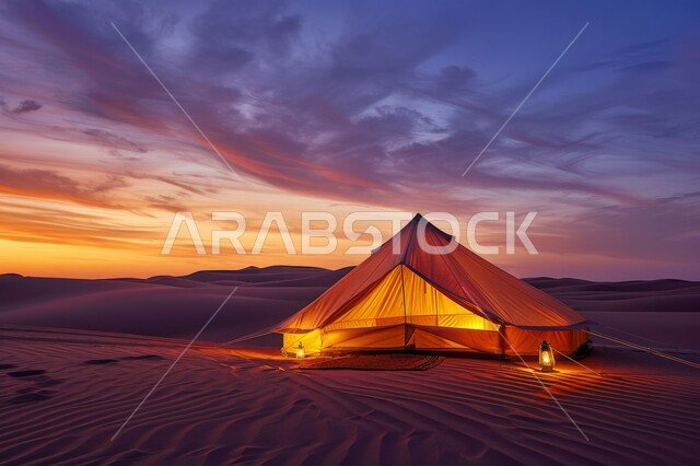 جلسة هادئة أمام الفوانيس المعدنية المضيئة، المغامرات والكشتات البرية، أجواء التخييم الشبابية الممتعة، خيام شعبية في المناطق الصحراوية، مخيمات سياحية في صحاري المملكة العربية السعودية، الطبيعة والرمال الذهبية الناعمة