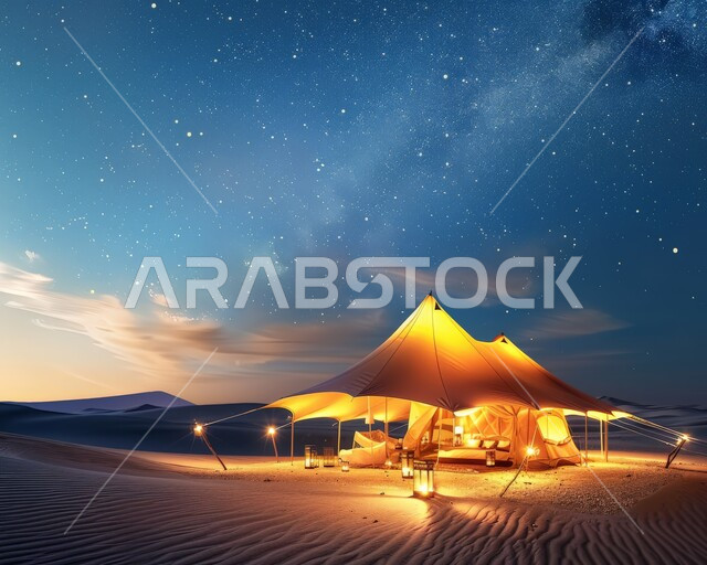 جلسة هادئة أمام الفوانيس المعدنية المضيئة، الكشتات والمغامرات البرية، أجواء التخييم الشبابية الممتعة، الرمال الذهبية الناعمة و الطبيعة، مخيمات سياحية في صحاري المملكة العربية السعودية، خيام شعبية في المناطق الصحراوية