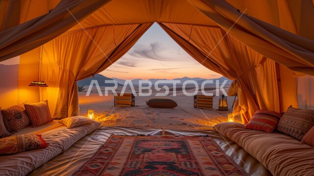 Romantic desert dinner by candlelight, camping in natural areas in Saudi Arabia, a popular Bedouin tent in the middle of the golden sands, tourist camps in the wild areas, traditional Arab councils, a camp and a youth desert session