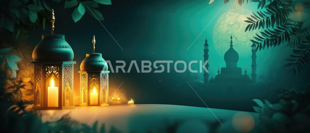 قدوم شهر الخير ، فانوس وإضاءه ملونه، ديكورات وتحف و اكسسوارات شهر رمضان المبارك, الفن الهندسي المعماري للمساجد، مفهوم العبادة والتقرب إلى الله،  أداء الفرائض والصلوات، صورة بانورامية لمنظر السماء مع ضوء القمر في وقت الليل, خلفيات دينية رمضانية