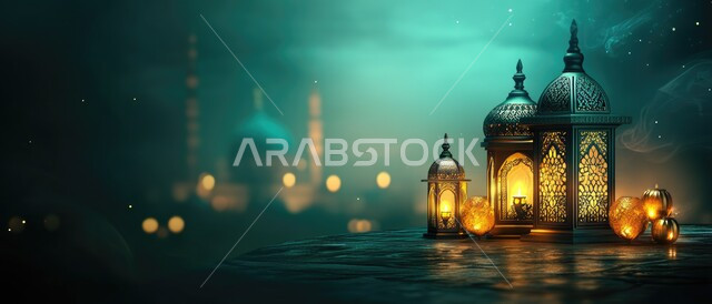 قدوم شهر الخير ، فانوس وإضاءه ملونه، ديكورات وتحف و اكسسوارات شهر رمضان المبارك, الفن الهندسي المعماري للمساجد، مفهوم العبادة والتقرب إلى الله،  أداء الفرائض والصلوات، صورة بانورامية لمنظر السماء مع ضوء القمر في وقت الليل, خلفيات دينية رمضانية
