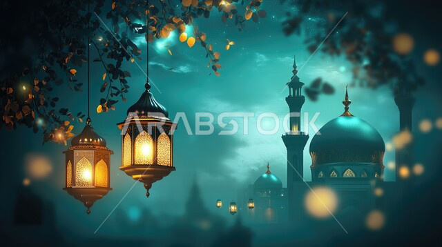 قدوم شهر الخير ، فانوس وإضاءه ملونه، ديكورات وتحف و اكسسوارات شهر رمضان المبارك, الفن الهندسي المعماري للمساجد، مفهوم العبادة والتقرب إلى الله،  أداء الفرائض والصلوات، منظر السماء مع ضوء القمر في وقت الليل, خلفيات دينية رمضانية