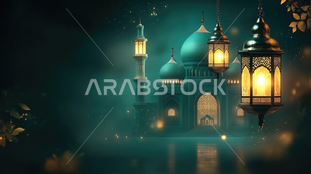 قدوم شهر الخير ، فانوس وإضاءه ملونه، ديكورات وتحف و اكسسوارات شهر رمضان المبارك, الفن الهندسي المعماري للمساجد، مفهوم العبادة والتقرب إلى الله،  أداء الفرائض والصلوات، منظر السماء مع ضوء القمر في وقت الليل, خلفيات دينية رمضانية