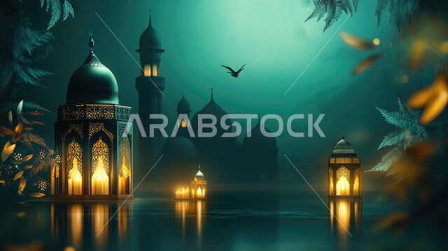 قدوم شهر الخير ، فانوس وإضاءه ملونه، ديكورات وتحف و اكسسوارات شهر رمضان المبارك, الفن الهندسي المعماري للمساجد، مفهوم العبادة والتقرب إلى الله،  أداء الفرائض والصلوات، منظر السماء مع ضوء القمر في وقت الليل, خلفيات دينية رمضانية