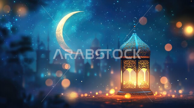 قدوم شهر الخير ، فانوس وإضاءه ملونه، ديكورات وتحف و اكسسوارات شهر رمضان المبارك, الفن الهندسي المعماري للمساجد، مفهوم العبادة والتقرب إلى الله،  أداء الفرائض والصلوات، منظر السماء مع ضوء القمر في وقت الليل, خلفيات دينية رمضانية