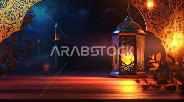 فوانيس تقليدية معدنية مضاءة في المملكة العربية السعودية ، الأجواء الروحانية والاحتفال بالمناسبات والأعياد الدينية الاسلامية ، البهجة بقدوم شهر الخير