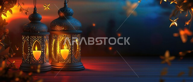 البهجة بقدوم شهر الخير ، استقبال شهر رمضان المبارك، الأجواء الروحانية والاحتفال بالمناسبات والأعياد الدينية الاسلامية ، صورة بانورامية للفوانيس التقليدية المعدنية المضاءة في المملكة العربية السعودية