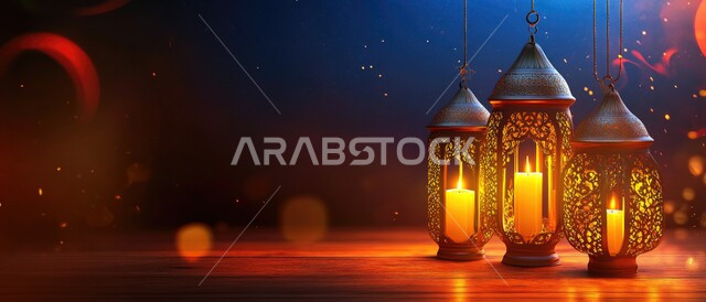 البهجة بقدوم شهر الخير ، استقبال شهر رمضان المبارك، الأجواء الروحانية والاحتفال بالمناسبات والأعياد الدينية الاسلامية ، صورة بانورامية للفوانيس التقليدية المعدنية المضاءة في المملكة العربية السعودية
